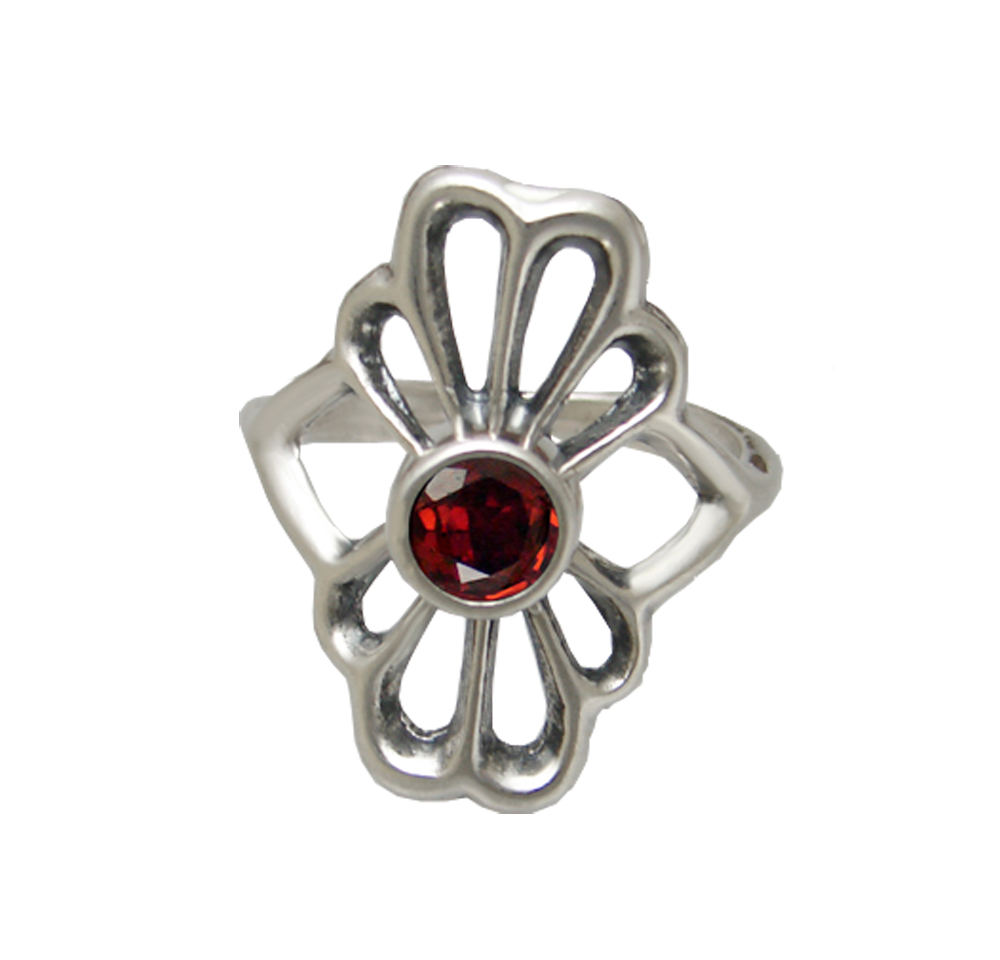 Sterling Silver Flower Ring With Faceted Garnet Size 10